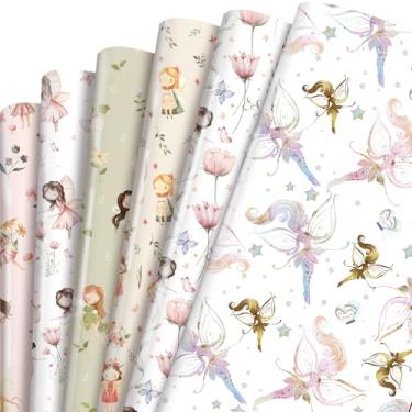 Imagem de TAKEALOOKO Papel de embrulho de fadas de conto de fadas – 12 peças de embrulho de presente de fantasia para meninas, aniversário e chá de bebê, artesanato, tema de princesa de fadas, folhas de