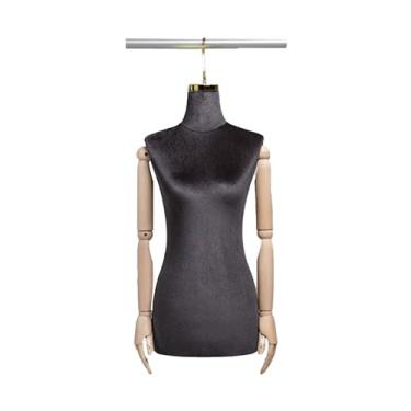Imagem de Mannequin Manequim pendurado com torso de tecido de veludo, braço ajustável de madeira maciça, usado para vitrine de loja de roupas, exposição de loja(Black,Golden Short Hook)