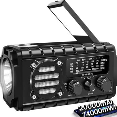 Imagem de Rádio de emergência manivela de 20000 mAh, rádio meteorológico SW/NOAA/AM/FM, movido a energia solar, manivela elétrica com bateria grande, portátil, carregamento de celular, SOS, lanterna para