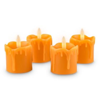 Imagem de Rhytsing Velas votivas laranja sem chamas de 5 cm, design de cera real, velas LED falsas operadas por bateria com temporizador para outono e Halloween, pilhas incluídas - conjunto de 4