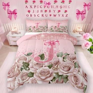 Imagem de Erosebridal Conjunto de edredom com letra A a Z, personalizado, letra J, conjunto de cama solteiro para meninas, monograma, laço rosa, romântico, edredom kawaii