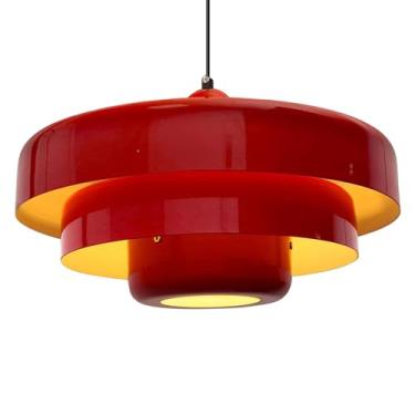 Imagem de DoungRos Luminária pendente de meados do século, iluminação pendente de teto vermelho, design de sombra de metal de 3 camadas, luz de suspensão vintage, luz de montagem embutida para mesa de jantar