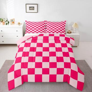 Imagem de Feelyou Conjunto de cama quadriculado para adolescentes, boêmio, moderno, bonito, estético, decorativo, feminino, tamanho solteiro, geométrico, chique, com enchimento de edredom rosa, branco, xadrez