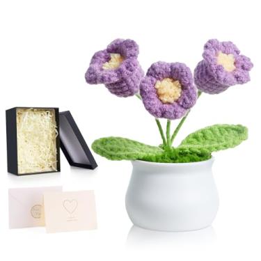Imagem de ZHIYUXI Lírio roxo do vale flor de crochê artificial orquídea decoração de mesa presentes para mulheres, flores eternas feitas à mão, flor de malha para painel de carro, decoração de escritório em