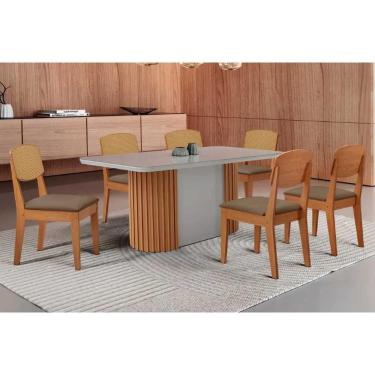 Imagem de Conjunto Sala de Jantar Pilar c/ Tampo Madeirado c/ Vidro Canto Curvo 180x90cm e 6 Cadeiras Havana Premium Naturale/Off White - Suede Capuccino-Rufato