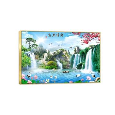 Imagem de BMZFYBS Pintura em tela de paisagem - Cachoeira Lago Lótus - Natureza Arte de parede Imagem Chinoiserie - Pôster de decoração de moldura dourada 40 x 60 cm 16 x 24 pol