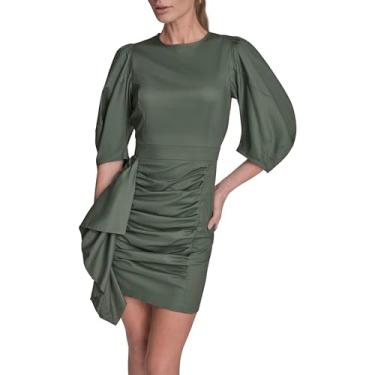 Imagem de BCBG Minivestido feminino manga 3/4 bufante, gola joia, franzido, bainha, Eucalipto verde, 50