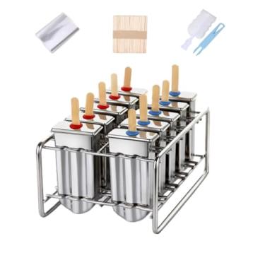Imagem de 10 moldes de picolé de aço inoxidável e formas de picolé de sorvete com 10 máquinas quadradas de picolé + 100 palitos de bambu reutilizáveis + 20 sacos + 1 escova de limpeza + 1 rack