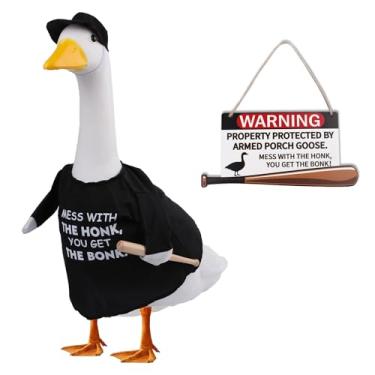 Imagem de CAMDUCK Roupa de ganso de varanda com taco de beisebol e sinal de ganso de varanda bagunça com a buzina Você recebe o bonk varanda ganso acessórios para plástico cimento estátua de ganso jardim