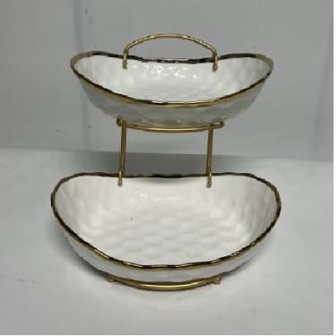 Imagem de Cesta de frutas de cerâmica para balcão de cozinha, tigela de frutas de 2 camadas com suporte de metal, prateleira de frutas em camadas para bancada, tigela multiserviço moderna para sobremesa de