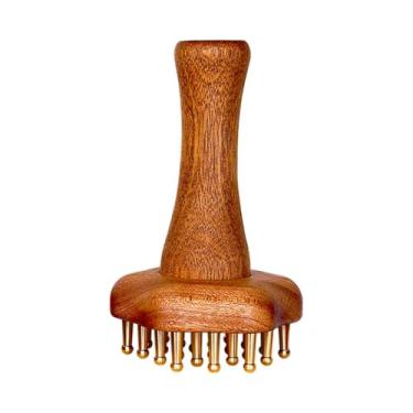 Imagem de Vctitil Massageador de cabeça de cobre de 24 dentes, escova de massagem resistente com ponta meridiana com cabo de madeira, ferramenta portátil chinesa SPA Gua Sha