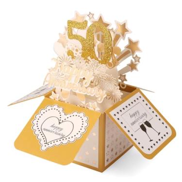 Imagem de Conjunto de 50º Aniversário Casamento Cartões Pop-up, Estrela Fogo de Artifício Design Jubileu Ouro Cartões Comemorativos Aniversário com Envelope e Cartão Pequeno para Casais e Pais