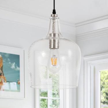 Imagem de ELYCCUPA Luminária pendente de vidro martelado grande moderno níquel escovado 1 luz única cúpula pingente luminárias para cozinha ilha sala de jantar corredor, diâmetro 25 cm, certificado UL