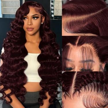 Imagem de Perucas de cabelo humano sem cola de 56 cm, 33 x 10 cm, pré-cortadas com cabelo de bebê, densidade de 210% 12 A, cabelo humano brasileiro ondulado, cabelo humano, #99J Vinho Vermelho HD Transparente