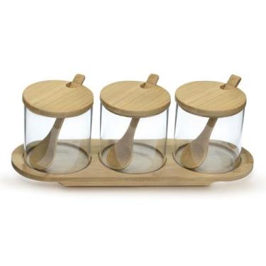 Imagem de Jogo 3 Potes Vidro Boro Com Tampa Suporte em Bambu MimoStyle