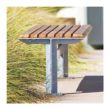 Imagem de Banco de jardim para pátio, cadeiras de parque ao ar livre, bancos de lazer sem encosto, bancos de pátio de jardim com molduras de aço em forma de T e assentos de ripas, banco de pátio externo fácil