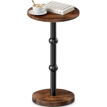 Imagem de Yuede Mesa de bebida, pequena mesa lateral redonda para espaços pequenos, mesas de canto redondas com detalhes modernos com perna de metal, mesas de centro com pedestal de madeira espessa para sala de
