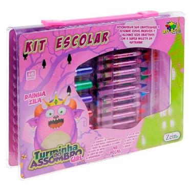Imagem de Kit Escolar Infantil, 98 Peças, Estojo Artístico com Lápis, Canetinhas, Giz de Cera, Aquarela e Atividades para Colorir, Rosa