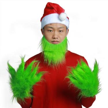 Imagem de ZDOVLZZPON Mens Green Beard Santa Hat with Furry Gloves for Adult Christmas Cosplay Costume Accessories