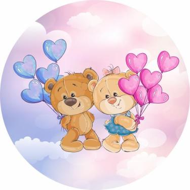 Imagem de Painel de Lona Redondo Ursinhos Chá Revelação Balões Aquarela - Fabrik