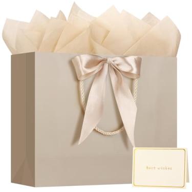 Imagem de 1 bolsa de presente grande com fita e 2 lenços de papel, 1 cartão comemorativo, sacos de presente de papel portáteis com alças, sacos de papel para varejo, festa, compras, lembrancinhas, festa de