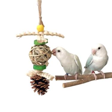 Imagem de Brinquedo de mastigar pássaros pendurados para papagaios, brinquedo interativo de forrageamento com bola de vime, casca de milho, pinha, para periquitos, periquitos, calopsitas conure, fácil