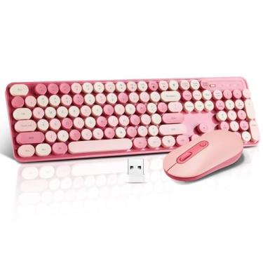 Imagem de Conjunto de teclado e mouse sem fio, compacto e silencioso, sem fio, conjunto de teclado e mouse de 2,4 G, ultrafino, design elegante para Windows, desktop, PC, notebook, laptop, teclas redondas, rosa
