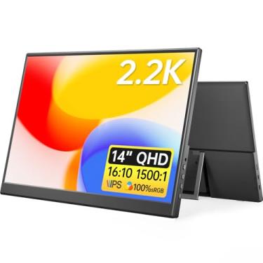 Imagem de Yxk Monitor portátil de 35.6 cm 2.2K QHD USB C HDMI ultrafino IPS Display de viagem com capa inteligente e alto-falantes, HDR Plug&Play, monitor externo para laptop, telefone, Mac