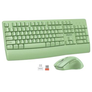 Imagem de MEETION Teclado e mouse verde sem fio, receptor USB 2,4 G, plug and play, teclado de computador com suporte para pulso, mouse DPI de 3 níveis, bateria de longa duração para PC/Mac/Windows/laptop