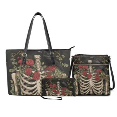 Imagem de YECARYPOD Bolsas transversais e bolsas femininas de couro, bolsa de ombro, bolsa de ombro com alça superior, 3 peças, Corvo esqueleto rosa vermelha, Medium