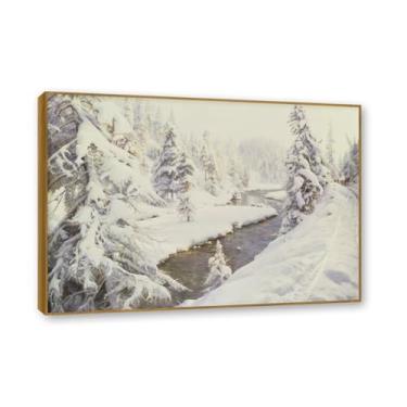 Imagem de Moldura externa de teca. Famosas pinturas a óleo, (paisagem de inverno) por Peder Mork Monsted, reprodução impressa em tela, arte de cenário para decoração de sala de estar. 80 x 112 cm - 31,4 x 44,1