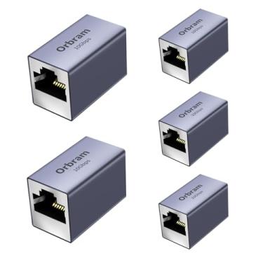 Imagem de Orbram Extensor Ethernet de 10 Gbps, pacote com 5 adaptadores de acoplador RJ45 para cabos Cat8/Cat7/Cat6/Cat5e/Cat5, conexão de longa distância de 100 m, conector fêmea para fêmea, revestimento de