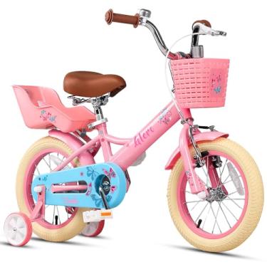 Imagem de Glerc Sasha Bicicleta para meninas, bicicleta infantil de 40 cm para crianças de 4 a 7 anos, bicicleta infantil retrô estilo vintage com assento de boneca, cesta e rodas de treinamento, rosa