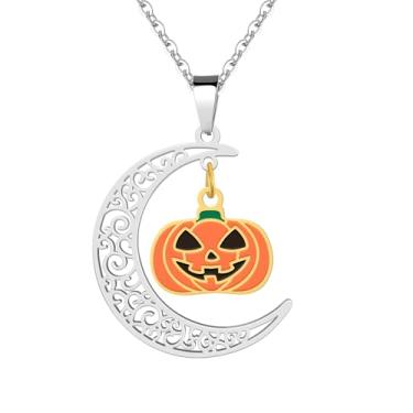 Imagem de Hipunk Colar de gato com silhueta de bruxa de Halloween, pingente de abóbora com lua crescente, corrente de aço inoxidável, ouro, prata, preto, ONESIZE, Aço inoxidável, Sem Pedra Preciosa