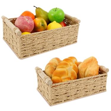 Imagem de Cesta de papel higiênico para banheiro, 2 peças, cesta de vime tecida à mão para armazenamento de papel higiênico com alça, cestas organizadoras de banheiro pequenas para casa, banheiro, mesa, bancada