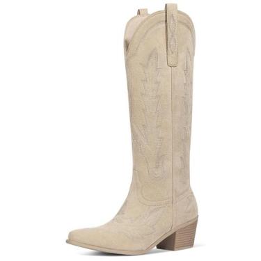 Imagem de Botas de cowboy Ouepiano, bege, camurça, altura do joelho, tamanho 8, 