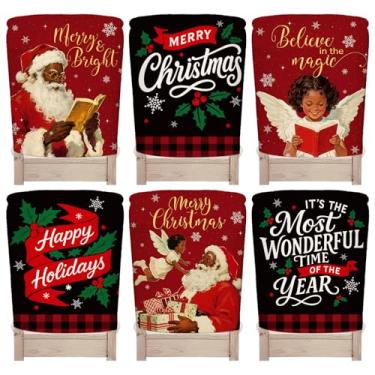 Imagem de Whaline 6 peças de capa traseira de cadeira de Natal afro-americana preta Papai Noel anjo capa protetora de cadeira de jantar para decoração de inverno e cozinha