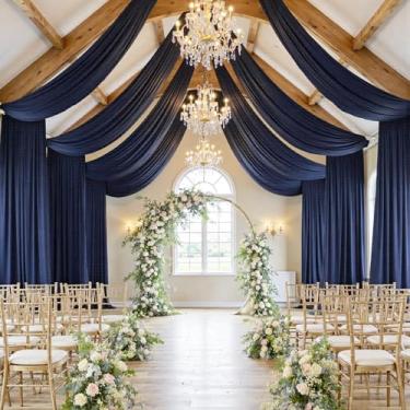 Imagem de Cortina de teto azul marinho de 20 pés × 20 pés para festas de casamento, tecido drapeado de poliéster sem rugas, cortina azul para festa, barraca, hotel, banquete, salão, decoração de teto, 2 painéis