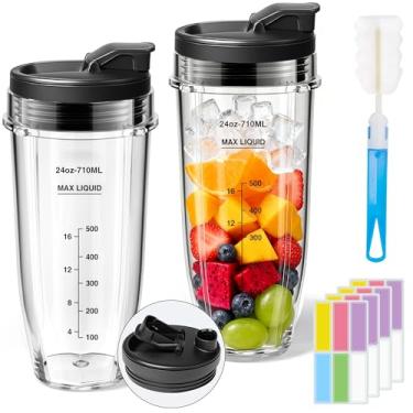 Imagem de ENVTEK Copos de liquidificador de 680 g de substituição para Ninja pacote com 2, tampas à prova de vazamento, etiquetas à prova d'água (24 unidades) e escova de limpeza, compatível com BN401 BN801