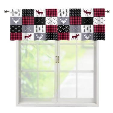 Imagem de Kurtect Estilo vintage veado janela saia animal de fazenda xadrez flecha vermelha preta decoração de casa tecido cortina curta quarto sala de estar café sala de jantar escritório cozinha 137 x 45 cm
