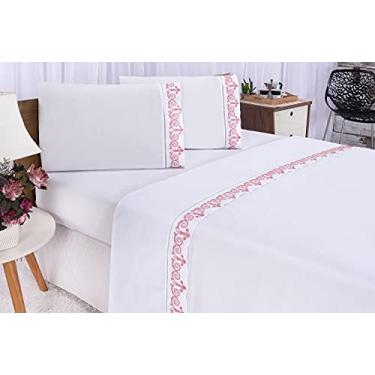 Imagem de Jogo de Lençol Bordado para Cama Casal Queen Percal 400 Fios Toque de Algodão 4 peças (ATENAS BRANCO COM ROSE)