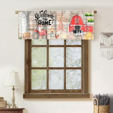 Imagem de Yoakiet Cortina de sanefa de cozinha de fazenda, aquarela divertida, animais de fazenda, celeiro, painel de madeira, vintage, estampa de fundo para janela, sanefa, bolso para varão, cortina curta para