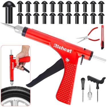 Imagem de Richcat Kit de reparo de perfuração de pneu sem câmara com plugue de cogumelo, repara furos e pneus furados para motocicletas, carros, caminhões, quadriciclos, kit de reparo de perfuração de arma