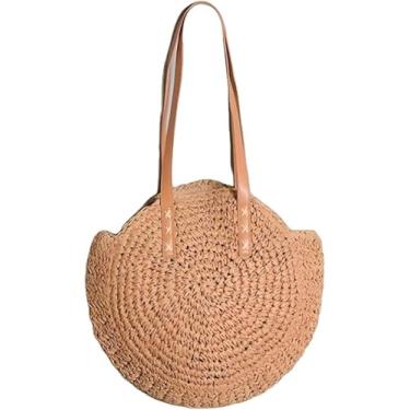 Imagem de Bolsa de Palha Redonda para Praia, Forrada em Caramelo, Estilo Passeio