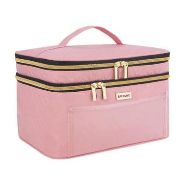 Imagem de Bolsa de maquiagem BAFAMYE Double Layer Travel para mulheres rosa