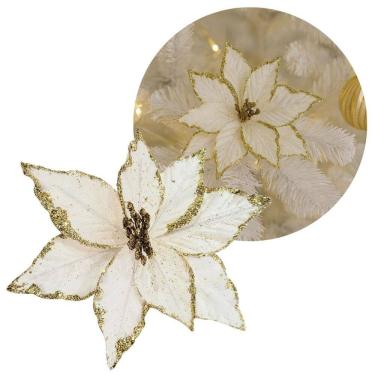 Imagem de Flor Bico de Papagaio Natal Pick Veludo Champanhe Glitter Dourado 20cm