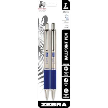 Imagem de Caneta retrátil de aço inoxidável esferográfica Zebra F-402, ponta fina, 0,7 mm, tinta azul, 2 unidades