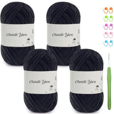 Imagem de SIMEIQI Pacote com 4 fios de chenille de 50 ml para crochê, 158 metros de fio de veludo macio e fofo, crochê ideal para cobertores de bebê, brinquedos, cachecóis, travesseiros, almofadas (preto)
