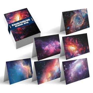 Imagem de Pacote com 50 cartões de felicitações para todas as ocasiões, 10 x 15 cm, 50 cartões sortidos em branco e 50 envelopes, 6 designs de galáxia cósmica, em branco, por Better Office Products, pacote com 50