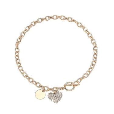 Imagem de Colar Coração Corrente Grosso Dourado Strass Prata Grande Delicado Romântico-Feminino Pingente Brilho Cravejado Luxo-Presente Dia das Mãe Namorada Amiga Esposa Elegância